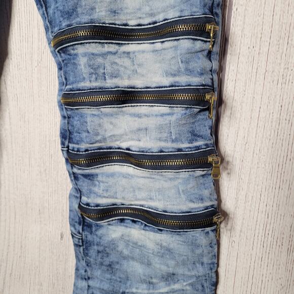 RS7 Royal 7 Acid Wash Distressed Zipper Knee Whiskering Skinny Jeans Size 34x33 - Picture 4 of 9